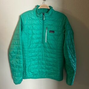 Patagonia sea green quilted primaloft down puffer nano puff pullover M 3/4 zip